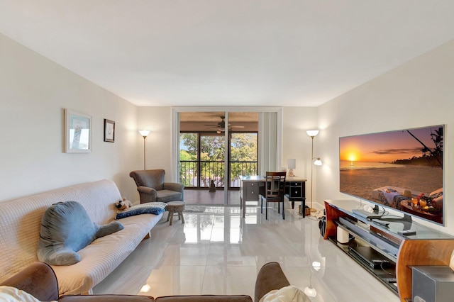 14723 Cumberland Dr Unit 404B, Delray Beach, FL 33446 - living room featuring light tile patterned floors and ceiling fan