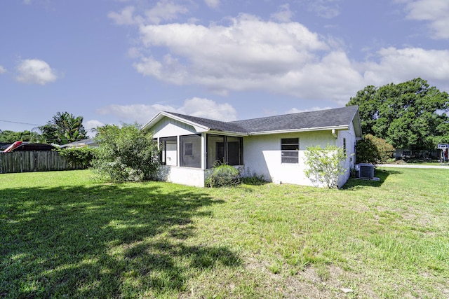 view of front of house with stucco siding, a sunroom, and roof with shingles