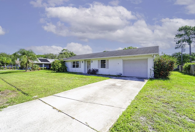 ranch-style house featuring an attached garage, a front yard, driveway, and stucco siding