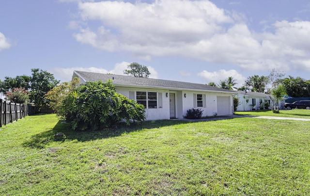 single story home with a garage, driveway, and stucco siding