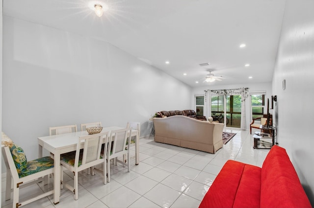 18541 Cherborg Dr Unit D, Boca Raton, FL 33496 - living area featuring a ceiling fan, recessed lighting, light tile patterned floors, and lofted ceiling