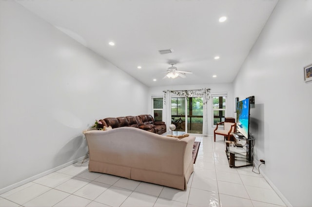 18541 Cherborg Dr Unit D, Boca Raton, FL 33496 - living area with recessed lighting, a ceiling fan, and light tile patterned flooring