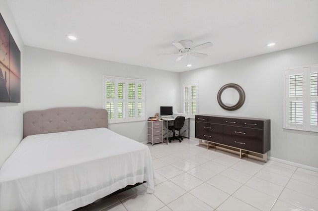 18541 Cherborg Dr Unit D, Boca Raton, FL 33496 - bedroom featuring multiple windows, light tile patterned floors, an office area, recessed lighting, and a ceiling fan