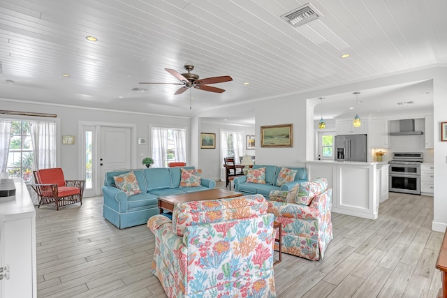 219 Claremont Ln, Palm Beach Shores, FL 33404 - living room with plenty of natural light, light wood-style floors, ceiling fan, wood ceiling, and recessed lighting