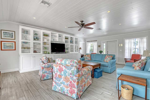 219 Claremont Ln, Palm Beach Shores, FL 33404 - living area featuring healthy amount of natural light, wooden ceiling, a ceiling fan, light wood finished floors, and recessed lighting