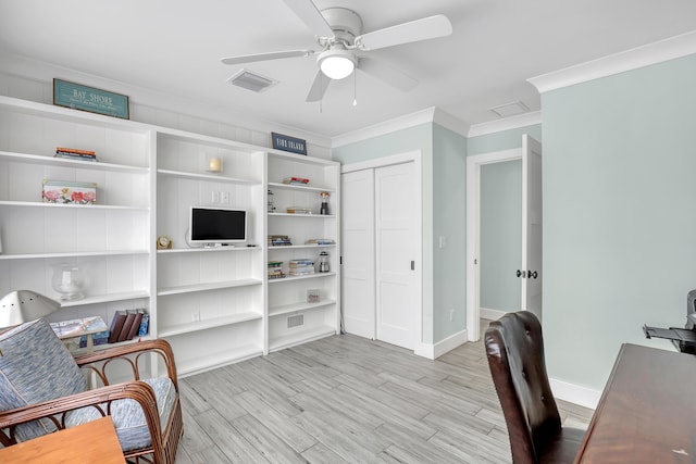219 Claremont Ln, Palm Beach Shores, FL 33404 - home office featuring ornamental molding, a ceiling fan, and light wood-type flooring