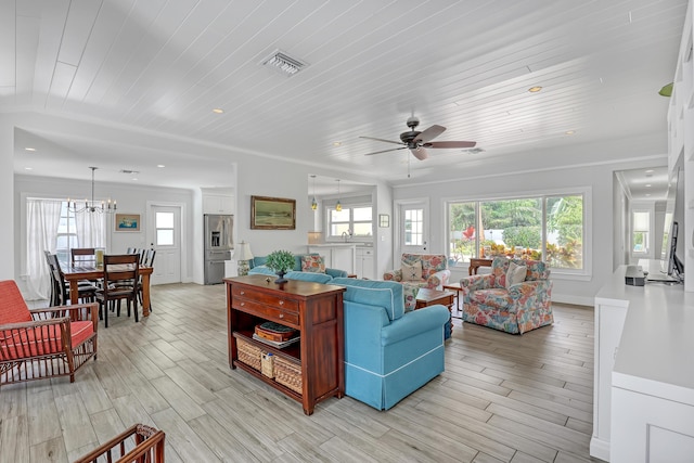 219 Claremont Ln, Palm Beach Shores, FL 33404 - living area featuring light wood-style floors, healthy amount of natural light, ceiling fan, wooden ceiling, and recessed lighting