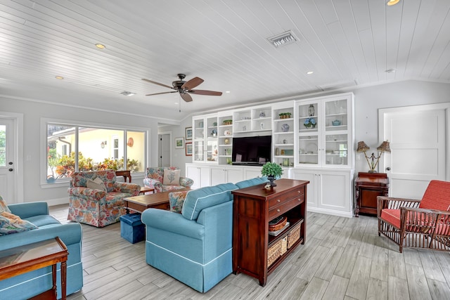219 Claremont Ln, Palm Beach Shores, FL 33404 - living area with ceiling fan, light wood-style floors, wood ceiling, and recessed lighting