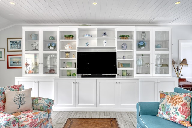 219 Claremont Ln, Palm Beach Shores, FL 33404 - living room featuring wood ceiling, recessed lighting, and light wood-type flooring