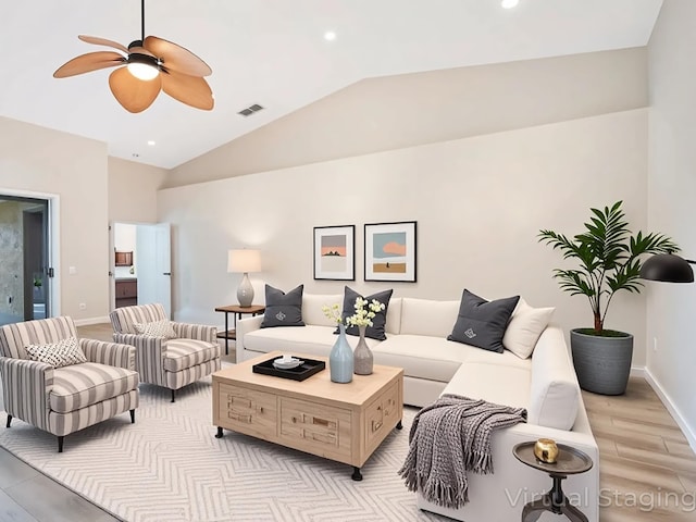 5412 NW 57th Way, Coral Springs, FL 33067 - living room with light wood-type flooring, vaulted ceiling, ceiling fan, and recessed lighting