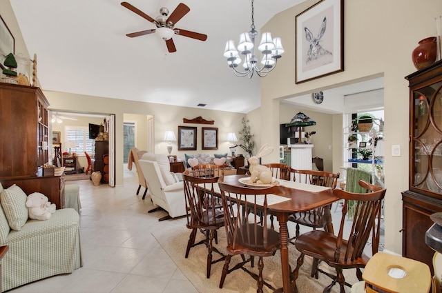 5707 Parkwalk Cir E, Boynton Beach, FL 33472 - dining space with ceiling fan, high vaulted ceiling, light tile patterned floors, and a chandelier