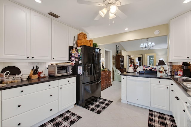 5707 Parkwalk Cir E, Boynton Beach, FL 33472 - kitchen with white dishwasher, black fridge with ice dispenser, dark countertops, decorative backsplash, and recessed lighting