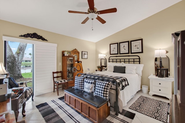 5707 Parkwalk Cir E, Boynton Beach, FL 33472 - bedroom with access to outside, light tile patterned floors, lofted ceiling, and ceiling fan