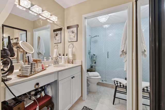 5707 Parkwalk Cir E, Boynton Beach, FL 33472 - bathroom with vanity, a shower stall, and a chandelier