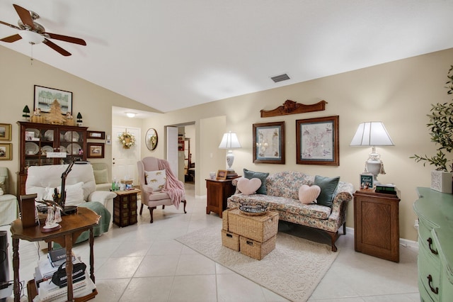 5707 Parkwalk Cir E, Boynton Beach, FL 33472 - living room with ceiling fan, light tile patterned flooring, and vaulted ceiling