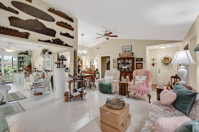5707 Parkwalk Cir E, Boynton Beach, FL 33472 - living area with a ceiling fan, lofted ceiling, light tile patterned floors, and a chandelier