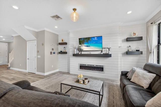 8343 Cinch Way, Lake Worth, FL 33467 - living room with recessed lighting, crown molding, stairway, a large fireplace, and wood finished floors