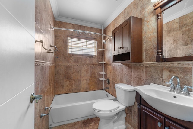 9890 W Heather Ln, Miramar, FL 33025 - bathroom featuring tub / shower combination, crown molding, vanity, and tile walls