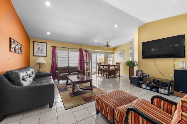9890 W Heather Ln, Miramar, FL 33025 - living area featuring vaulted ceiling, light tile patterned flooring, a ceiling fan, and recessed lighting