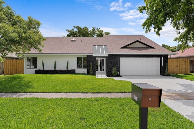 21436 Woodchuck Ln, Boca Raton, FL 33428 - mid-century inspired home with driveway, an attached garage, a shingled roof, french doors, and stucco siding