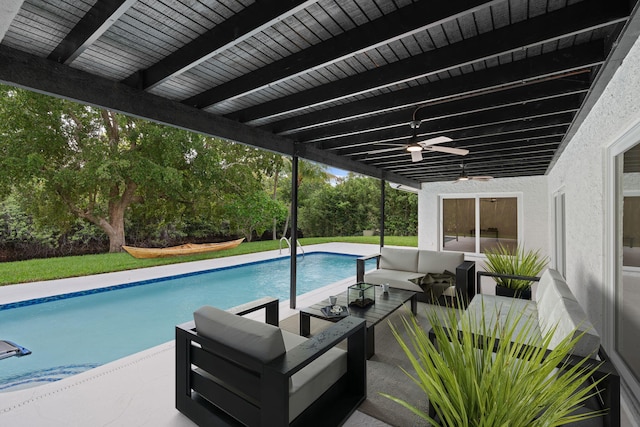 21436 Woodchuck Ln, Boca Raton, FL 33428 - swimming pool featuring outdoor lounge area, a ceiling fan, and a patio
