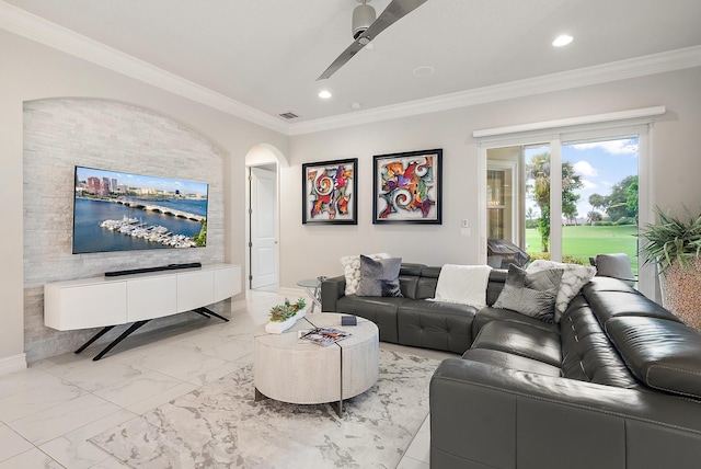 171 Tresana Blvd Unit 129, Jupiter, FL 33478 - living area with ceiling fan, recessed lighting, arched walkways, ornamental molding, and light marble finish flooring