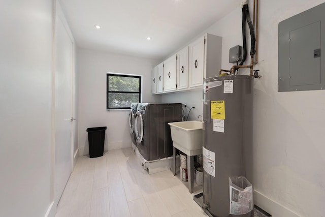 6532 Serena Ln, Boca Raton, FL 33433 - laundry room with electric panel, electric water heater, cabinet space, and washer and dryer