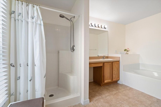 516 SW Crawfish Dr, Port Saint Lucie, FL 34953 - bathroom featuring a bath, a tile shower, vanity, and tile patterned flooring