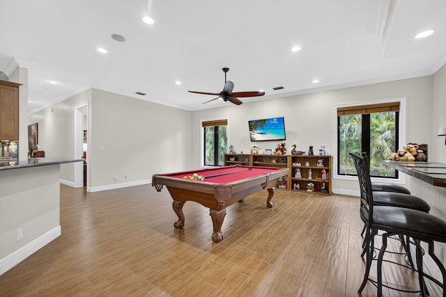 11085 86th St N, Palm Beach Gardens, FL 33412 - game room with plenty of natural light, recessed lighting, pool table, ornamental molding, and light wood finished floors