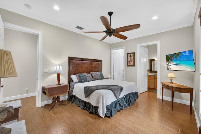 11085 86th St N, Palm Beach Gardens, FL 33412 - bedroom featuring crown molding, light wood-style flooring, recessed lighting, ceiling fan, and ensuite bath