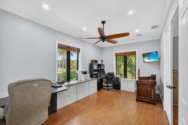 11085 86th St N, Palm Beach Gardens, FL 33412 - home office with ceiling fan, healthy amount of natural light, crown molding, recessed lighting, and light wood-style flooring