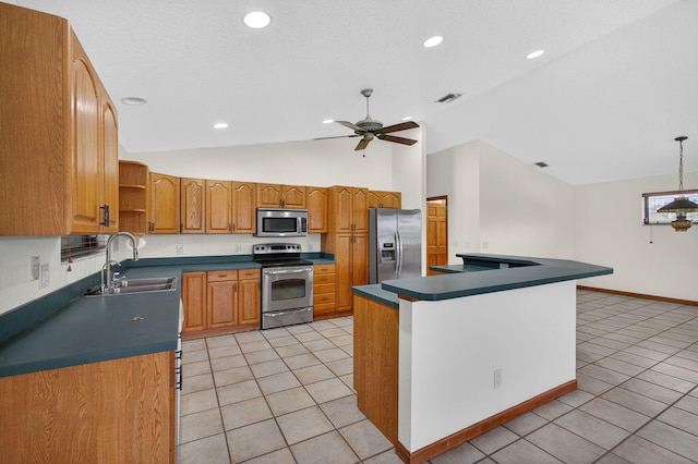11085 86th St N, Palm Beach Gardens, FL 33412 - kitchen featuring stainless steel appliances, lofted ceiling, dark countertops, light tile patterned floors, and a ceiling fan