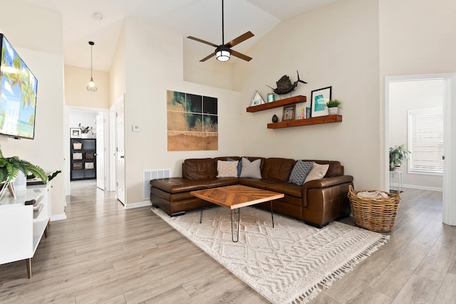 6351 Adams St, Jupiter, FL 33458 - living area with light wood-style flooring, high vaulted ceiling, and a ceiling fan