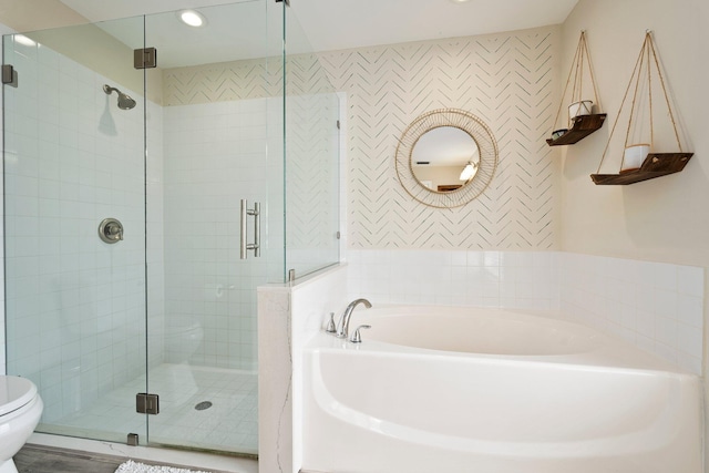 6351 Adams St, Jupiter, FL 33458 - bathroom featuring a garden tub, a stall shower, and recessed lighting