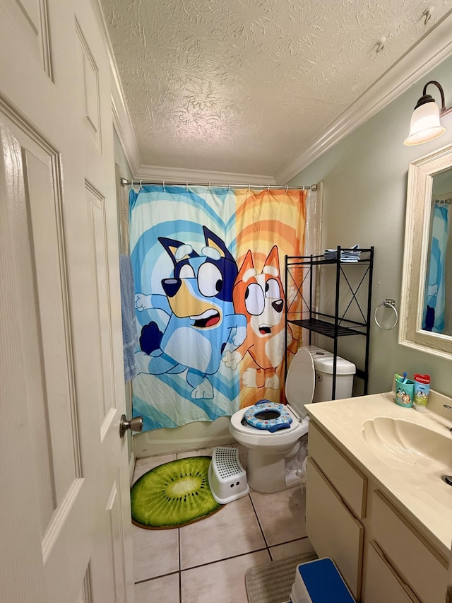 1114 SW Del Rio Blvd, Port Saint Lucie, FL 34953 - bathroom with vanity, a textured ceiling, tile patterned floors, crown molding, and a shower with shower curtain