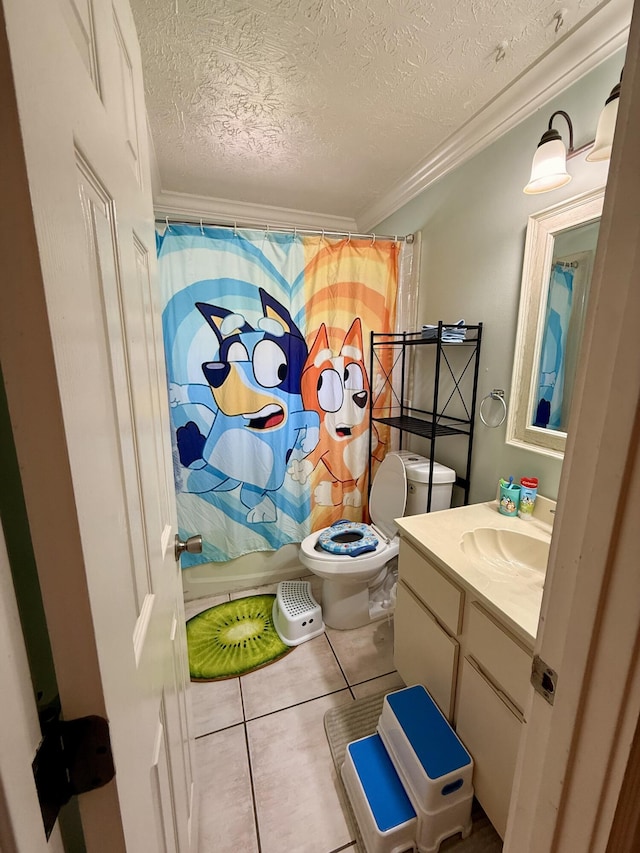 1114 SW Del Rio Blvd, Port Saint Lucie, FL 34953 - full bath with vanity, tile patterned flooring, a textured ceiling, crown molding, and curtained shower