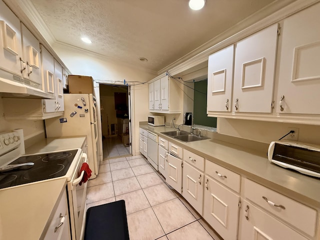 1114 SW Del Rio Blvd, Port Saint Lucie, FL 34953 - kitchen featuring white appliances, ornamental molding, under cabinet range hood, light countertops, and light tile patterned floors