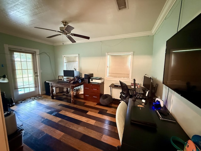 1114 SW Del Rio Blvd, Port Saint Lucie, FL 34953 - office area with dark wood-type flooring, ceiling fan, and crown molding