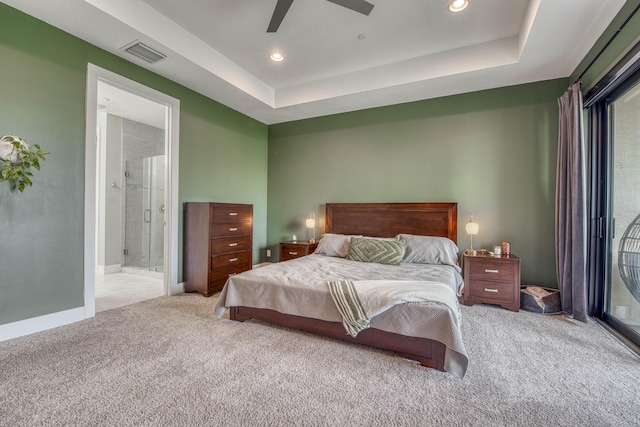 5178 Beckman Ter, Palm Beach Gardens, FL 33418 - bedroom with carpet, recessed lighting, ceiling fan, connected bathroom, and a tray ceiling