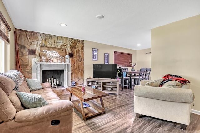 1395 SE Darling St, Stuart, FL 34997 - living area featuring wood finished floors, recessed lighting, and a stone fireplace