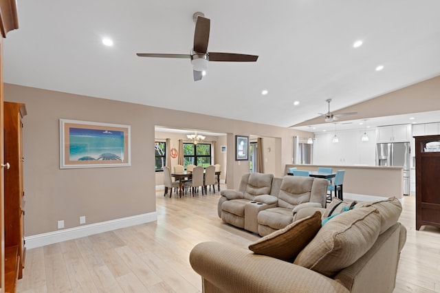 7980 Cloverfield Cir, Boca Raton, FL 33433 - living area with ceiling fan, lofted ceiling, a chandelier, light wood-type flooring, and recessed lighting