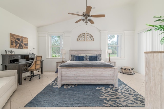 1513 SE Holyrood Ln, Port Saint Lucie, FL 34952 - bedroom featuring vaulted ceiling, light tile patterned floors, and a ceiling fan
