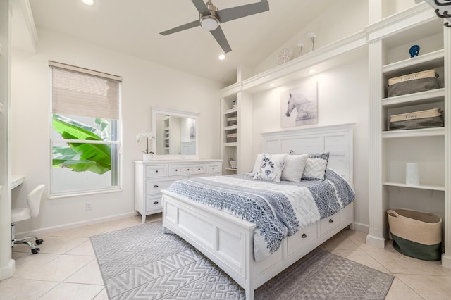 1513 SE Holyrood Ln, Port Saint Lucie, FL 34952 - bedroom with light tile patterned floors, vaulted ceiling, recessed lighting, and ceiling fan
