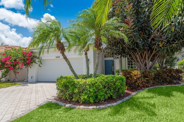 1513 SE Holyrood Ln, Port Saint Lucie, FL 34952 - view of property hidden behind natural elements featuring an attached garage, driveway, stucco siding, and a front lawn