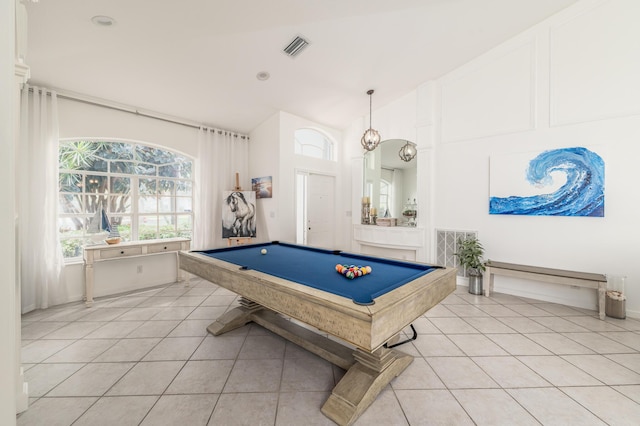 1513 SE Holyrood Ln, Port Saint Lucie, FL 34952 - rec room featuring light tile patterned floors, billiards, and vaulted ceiling