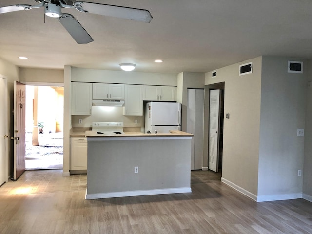 4855 Via Palm Lks Unit 904, West Palm Beach, FL 33417 - kitchen with under cabinet range hood, freestanding refrigerator, stove, ceiling fan, and light wood finished floors