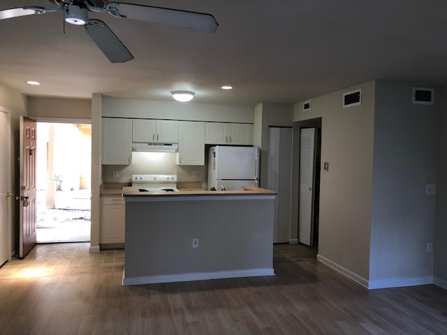 4855 Via Palm Lks Unit 904, West Palm Beach, FL 33417 - kitchen featuring under cabinet range hood, freestanding refrigerator, range, ceiling fan, and wood finished floors