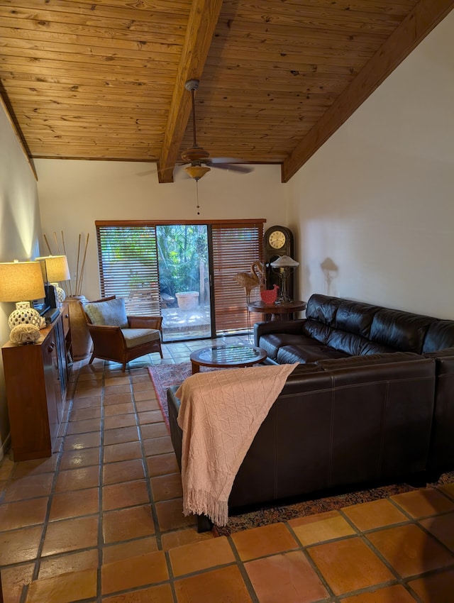 2904 N 35th Ter, Hollywood, FL 33021 - living room featuring wooden ceiling, a ceiling fan, and tile patterned floors