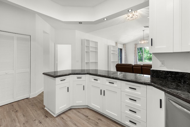 5711 NW 125th Ave, Coral Springs, FL 33076 - kitchen with stainless steel dishwasher, a chandelier, light wood finished floors, white cabinets, and recessed lighting