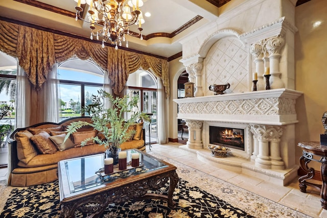 3870 NE 31st Ave, Lighthouse Point, FL 33064 - living area featuring crown molding, a chandelier, a premium fireplace, stone tile floors, and coffered ceiling